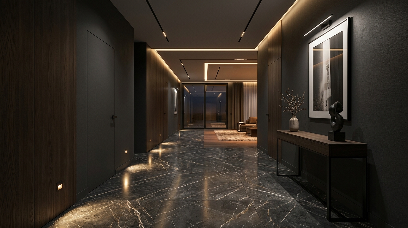 A modern hallway with dark veined porcelain stoneware tiles, dramatic lighting, interior photography