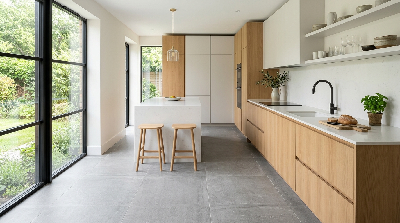A bright minimalist kitchen with large-format grey porcelain stoneware tiles, natural light, modern interior photography
