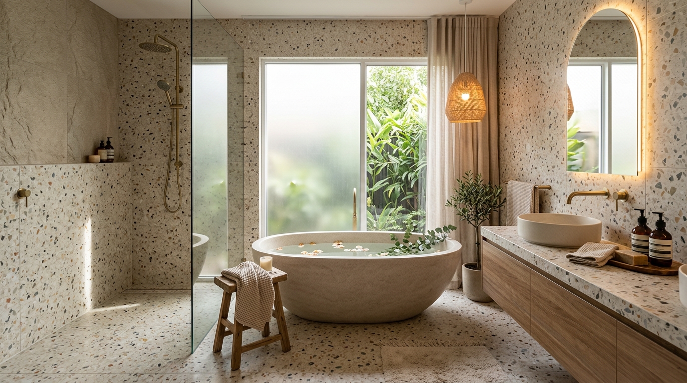 A serene spa bathroom with terrazzo porcelain tiles, warm light, interior photography